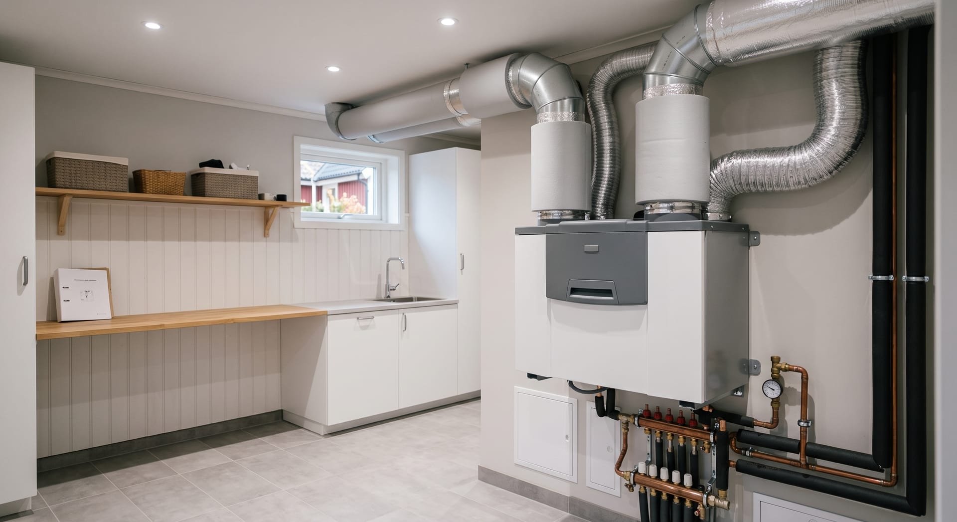 FTX-aggregat med ventilationsrör i ett tvättutrymme