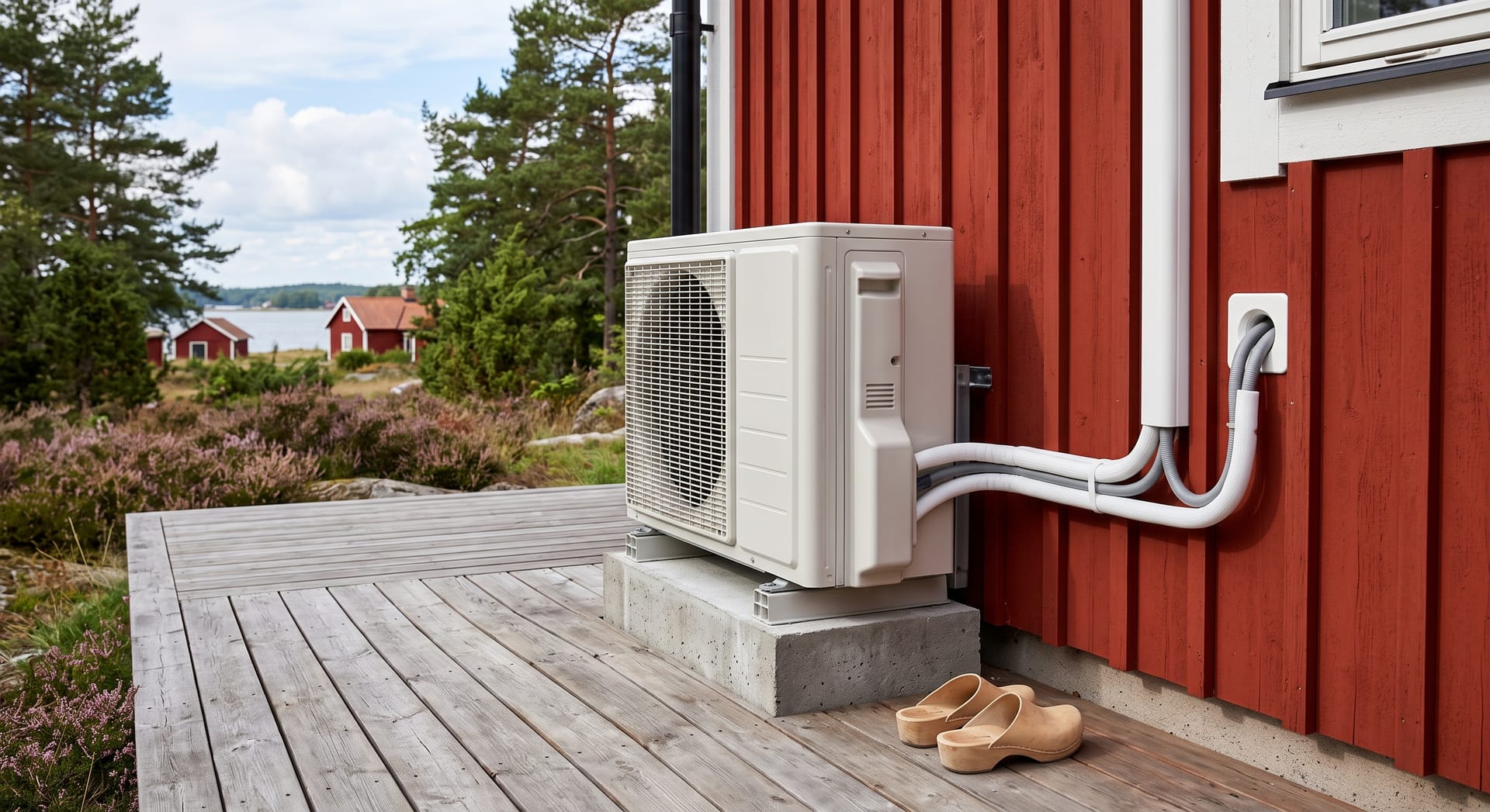 Luft-luft värmepump på en altan vid en röd stuga