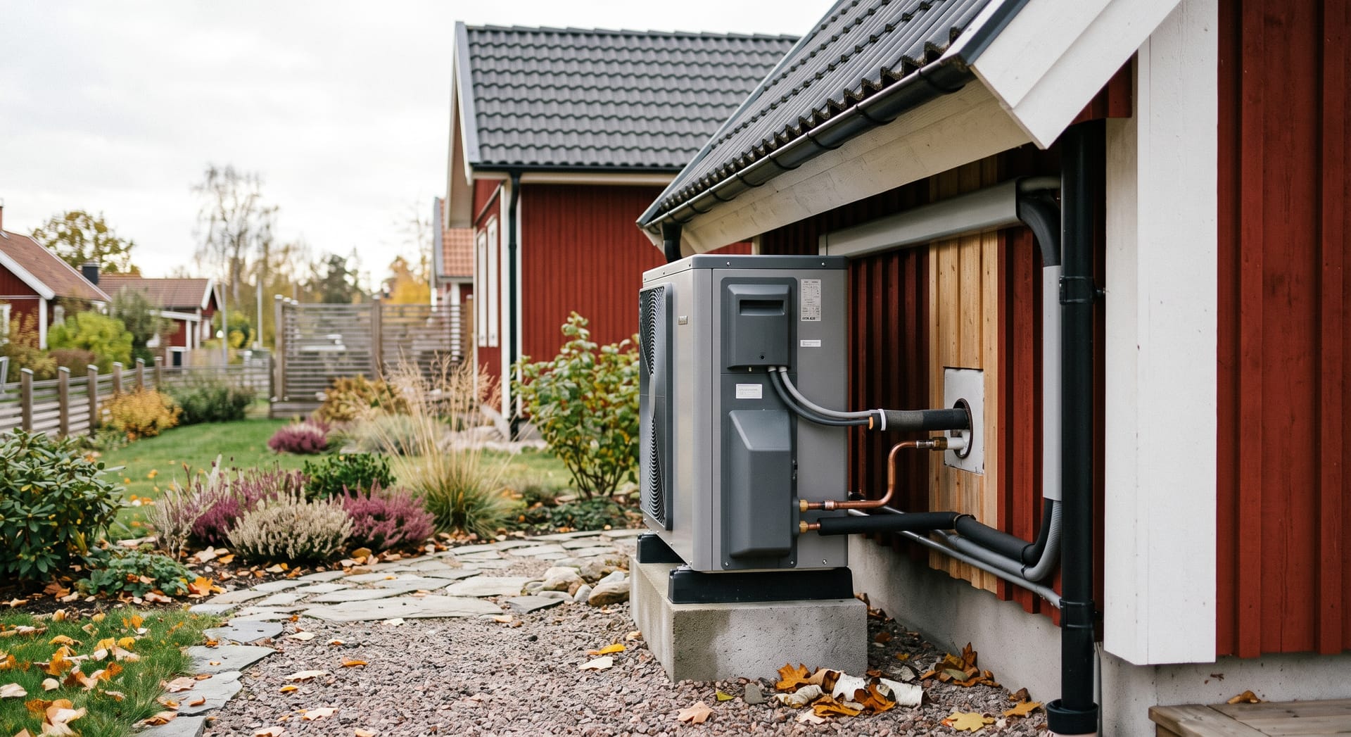 Luft-vatten värmepump monterad vid en röd villa