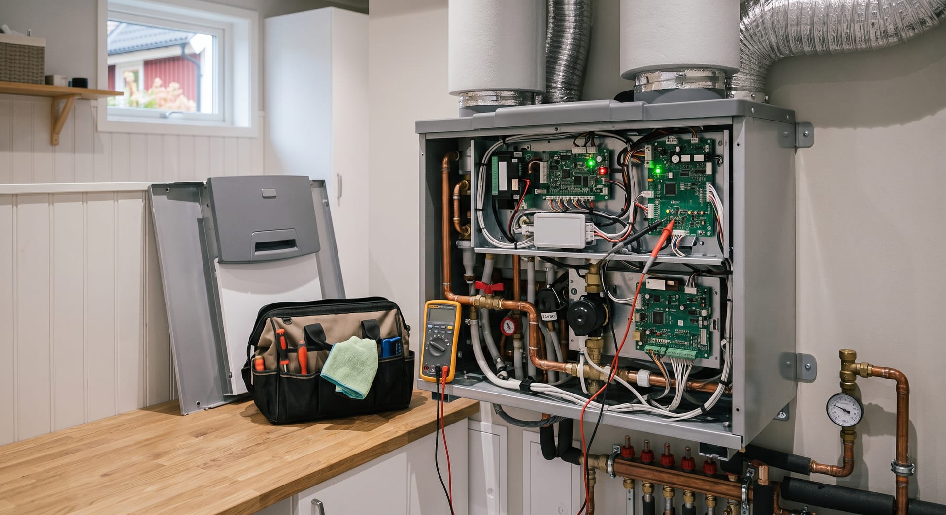 Öppet värmeaggregat under felsökning, med mätinstrument och verktygsväska